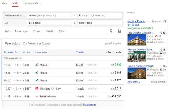 Google ricerca volo e hotel
