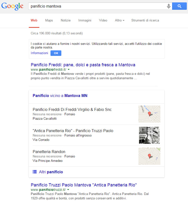 Google Local Pack panificio Mantova 2015