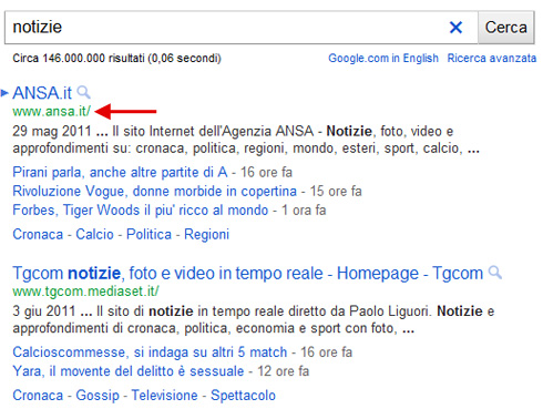 Url appena sotto il title nella serp di Google